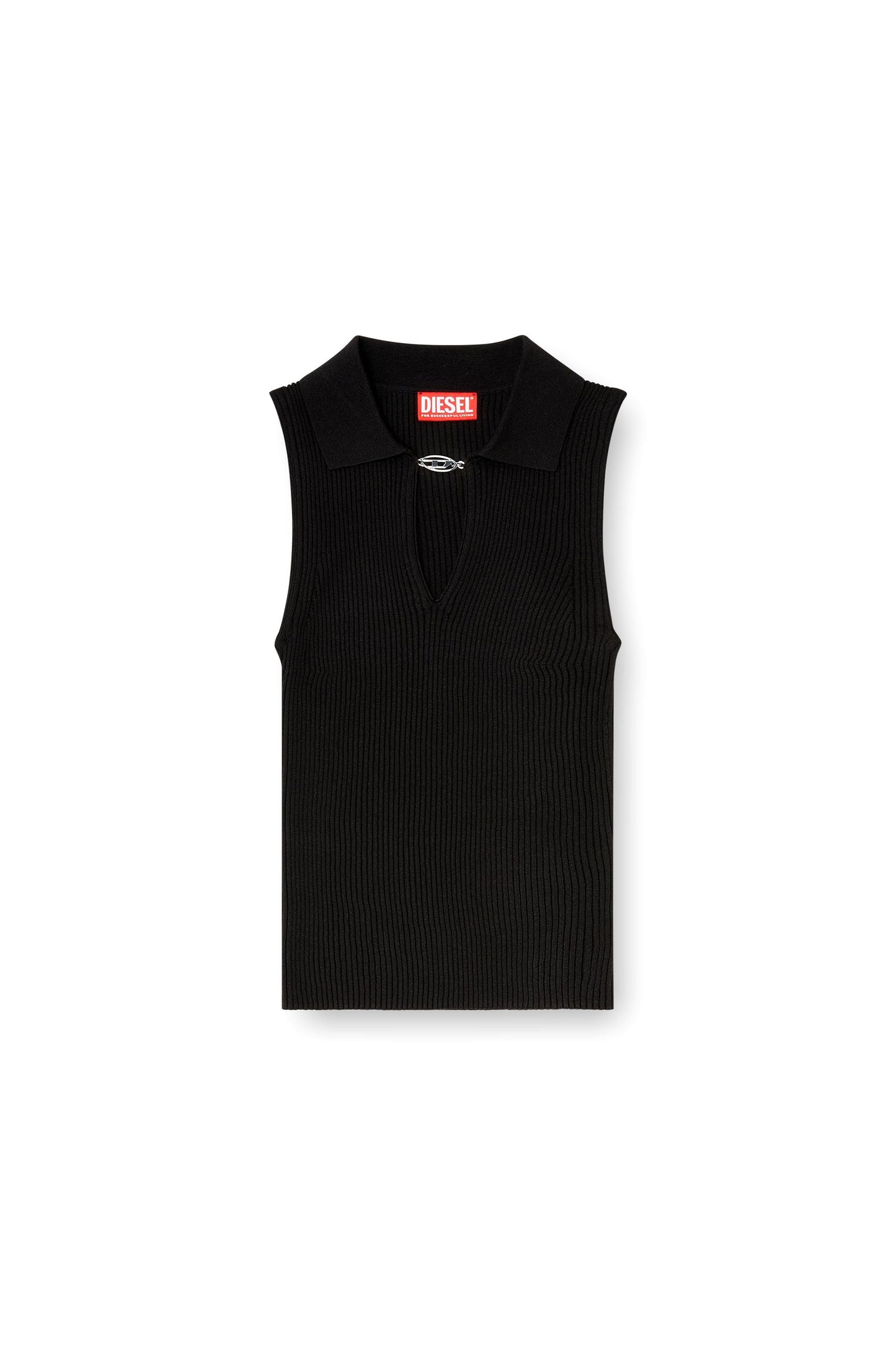 Sleeveless rib-knit polo top in silk blend