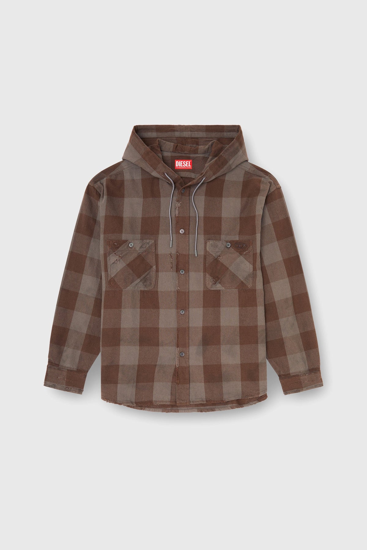 Distressed hooded shirt in check flannel