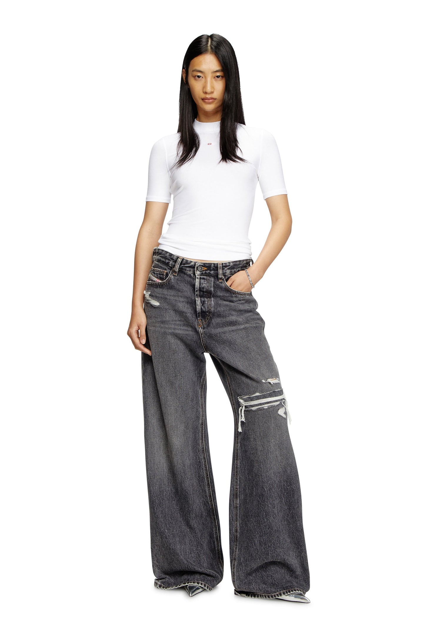 Ribbed T-shirt with mock neck