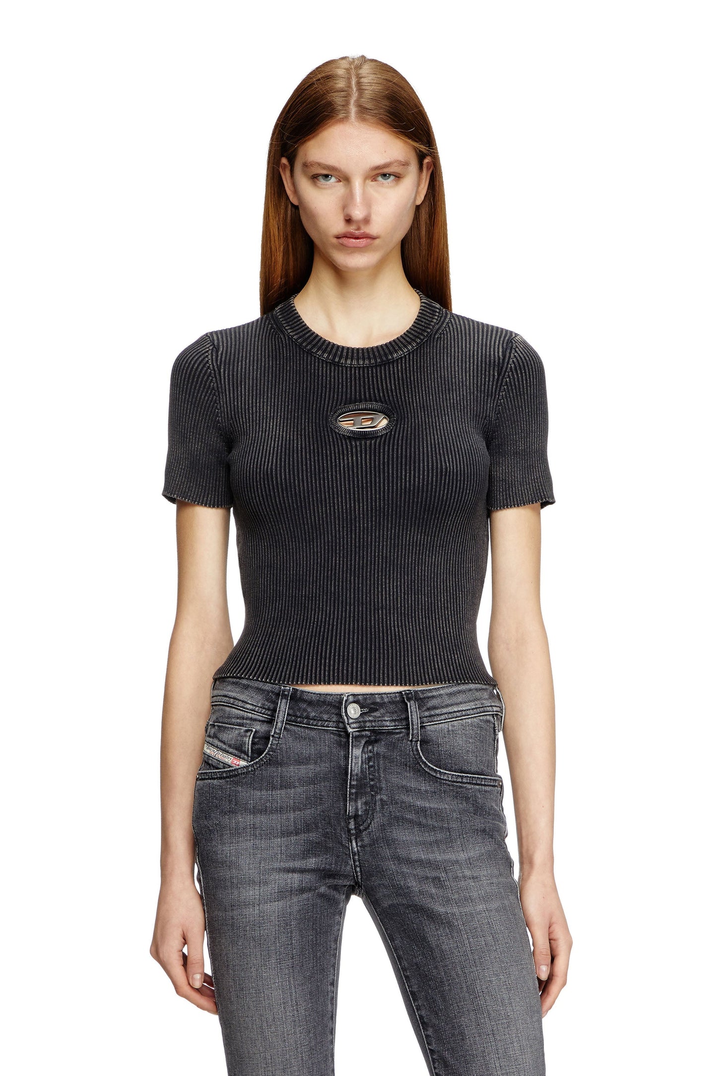 Short-sleeve top with cut-out logo
