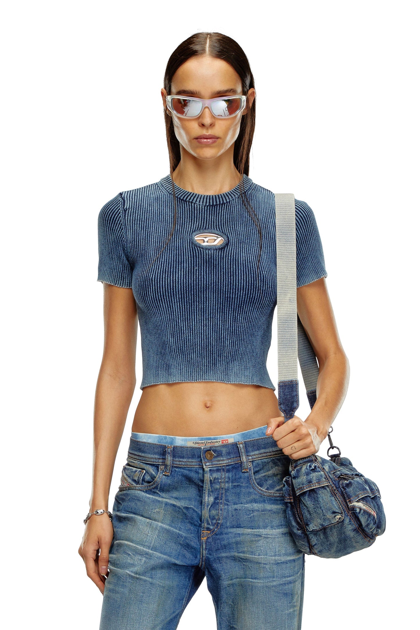 Knitted crop top with denim effect