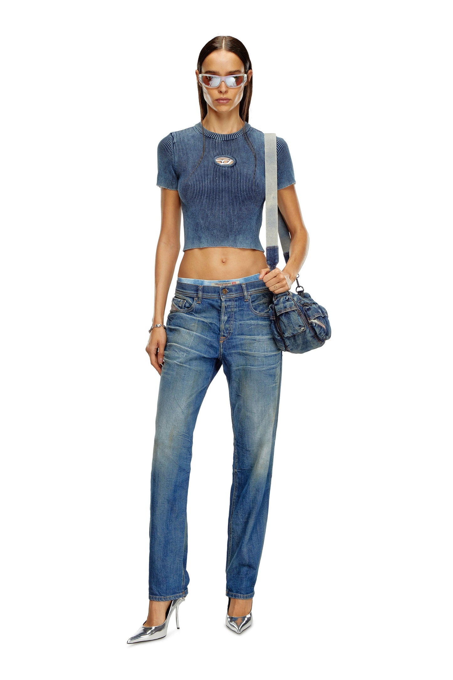 Knitted crop top with denim effect