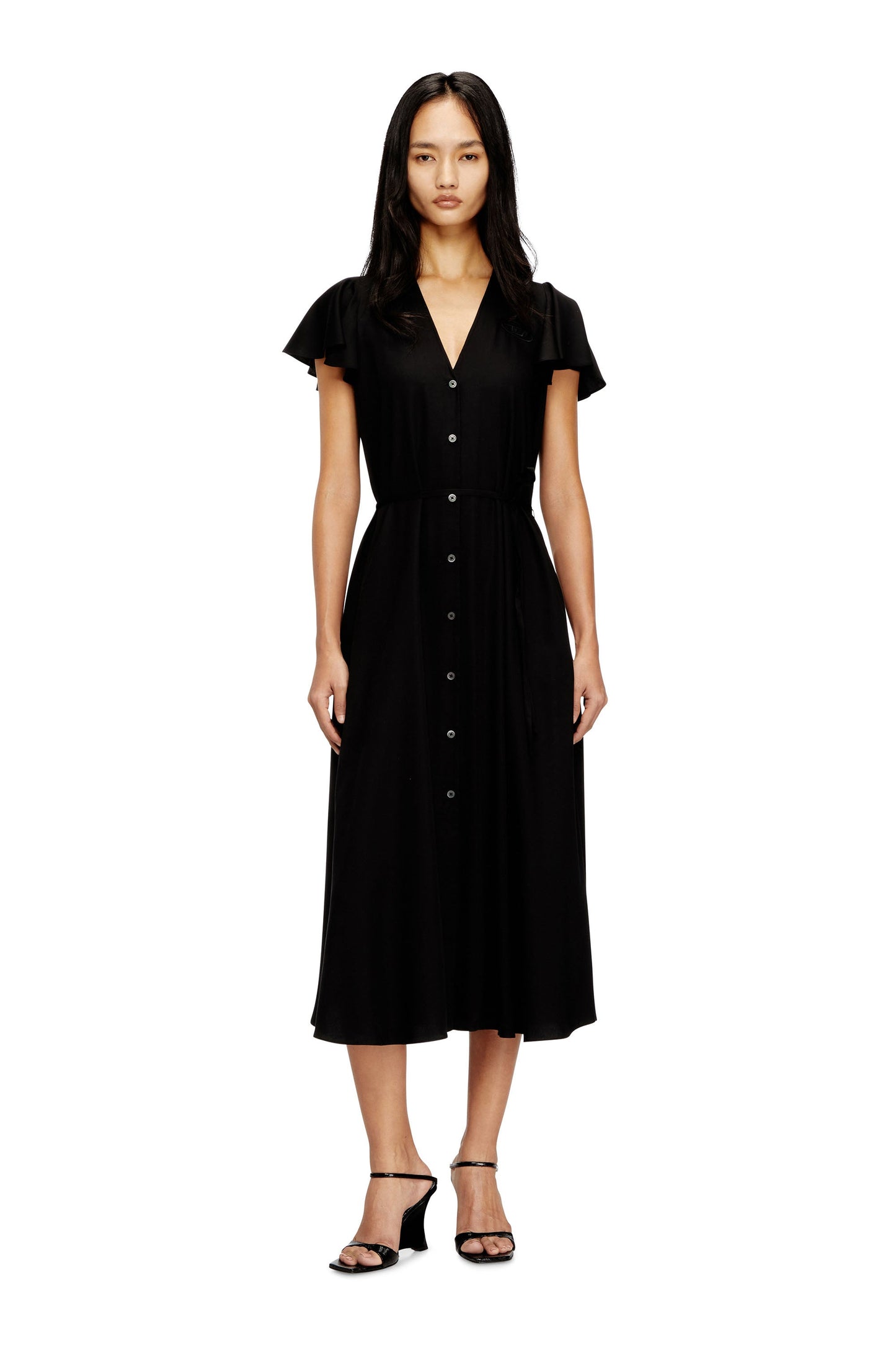 Cupro midi dress with V-neck and front buttons