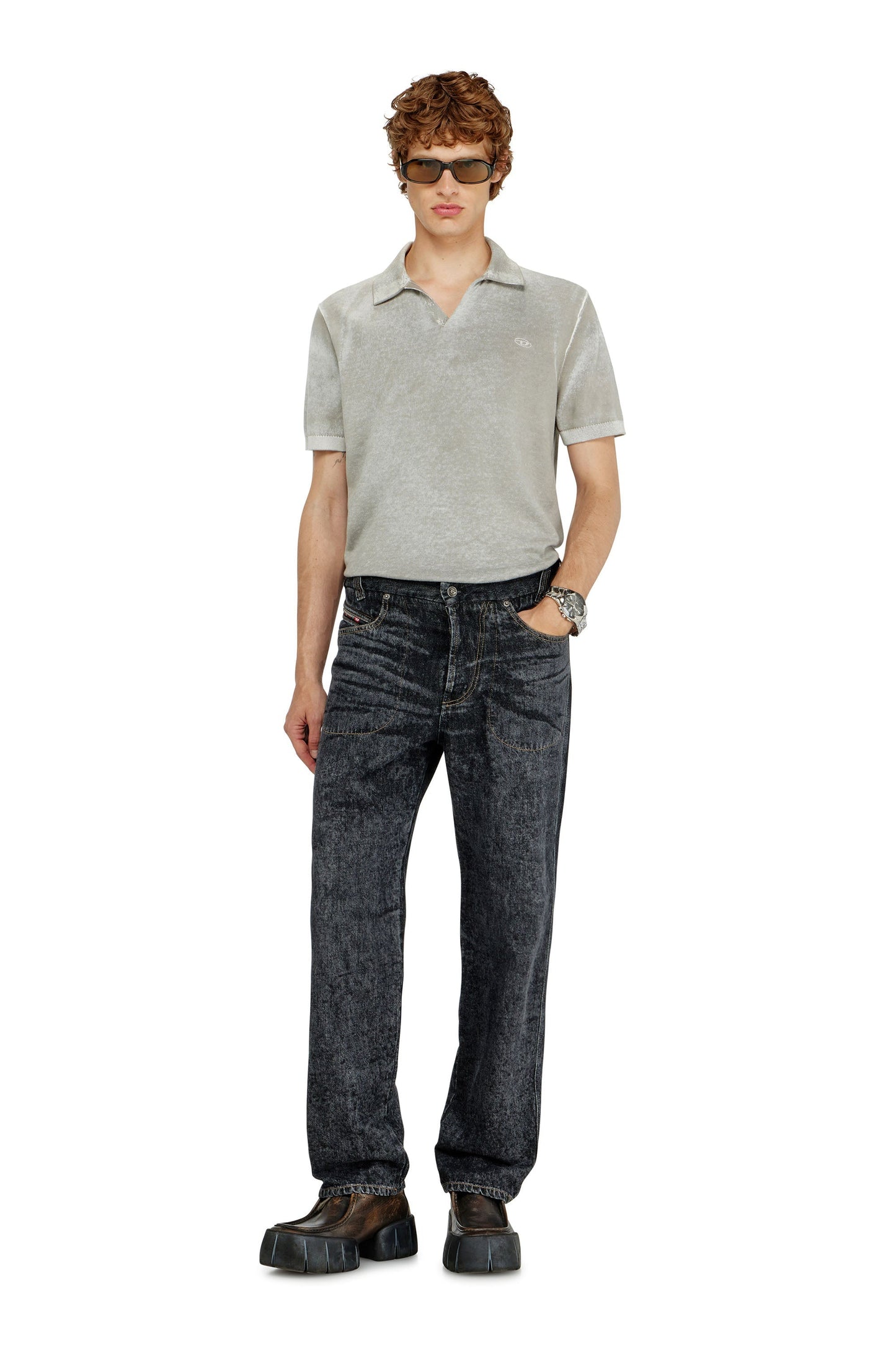 Knit polo shirt with faded reverse print