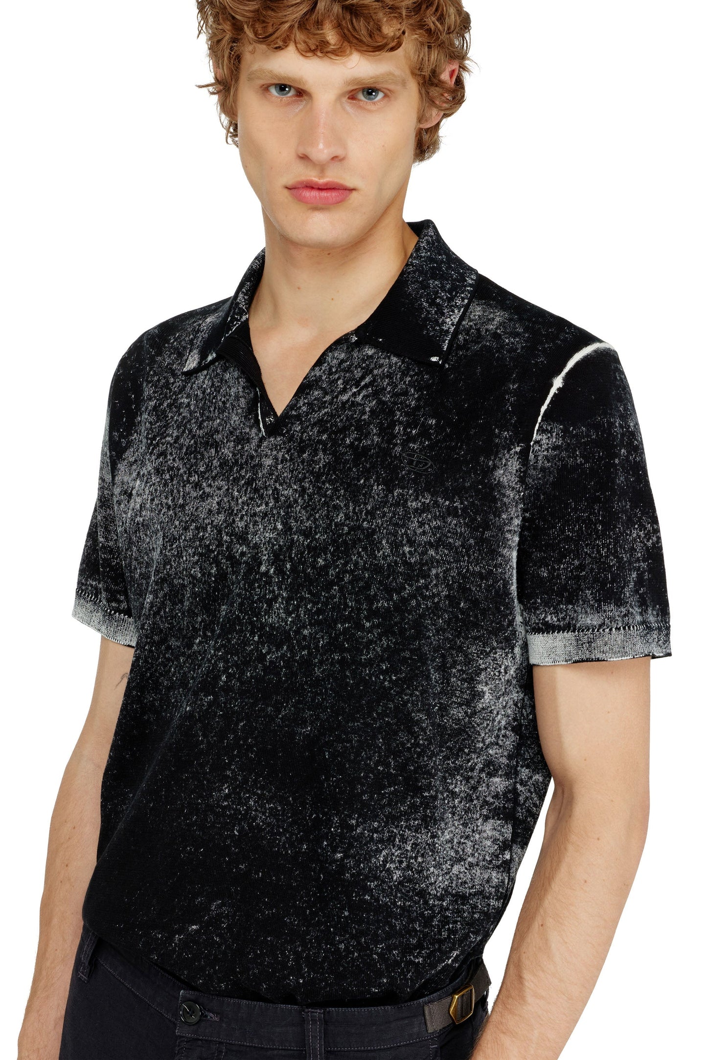 Knit polo shirt with faded reverse print