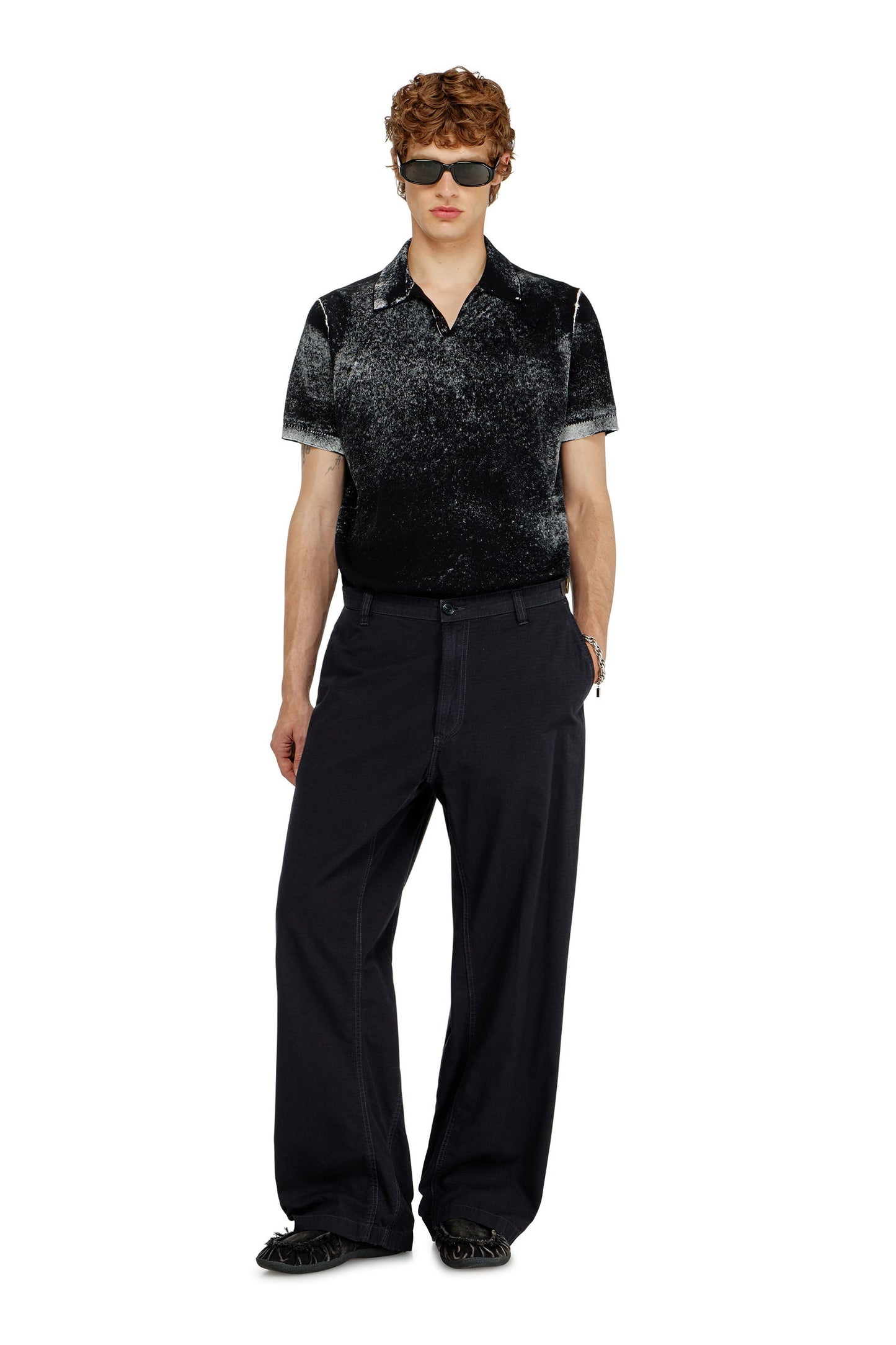 Knit polo shirt with faded reverse print
