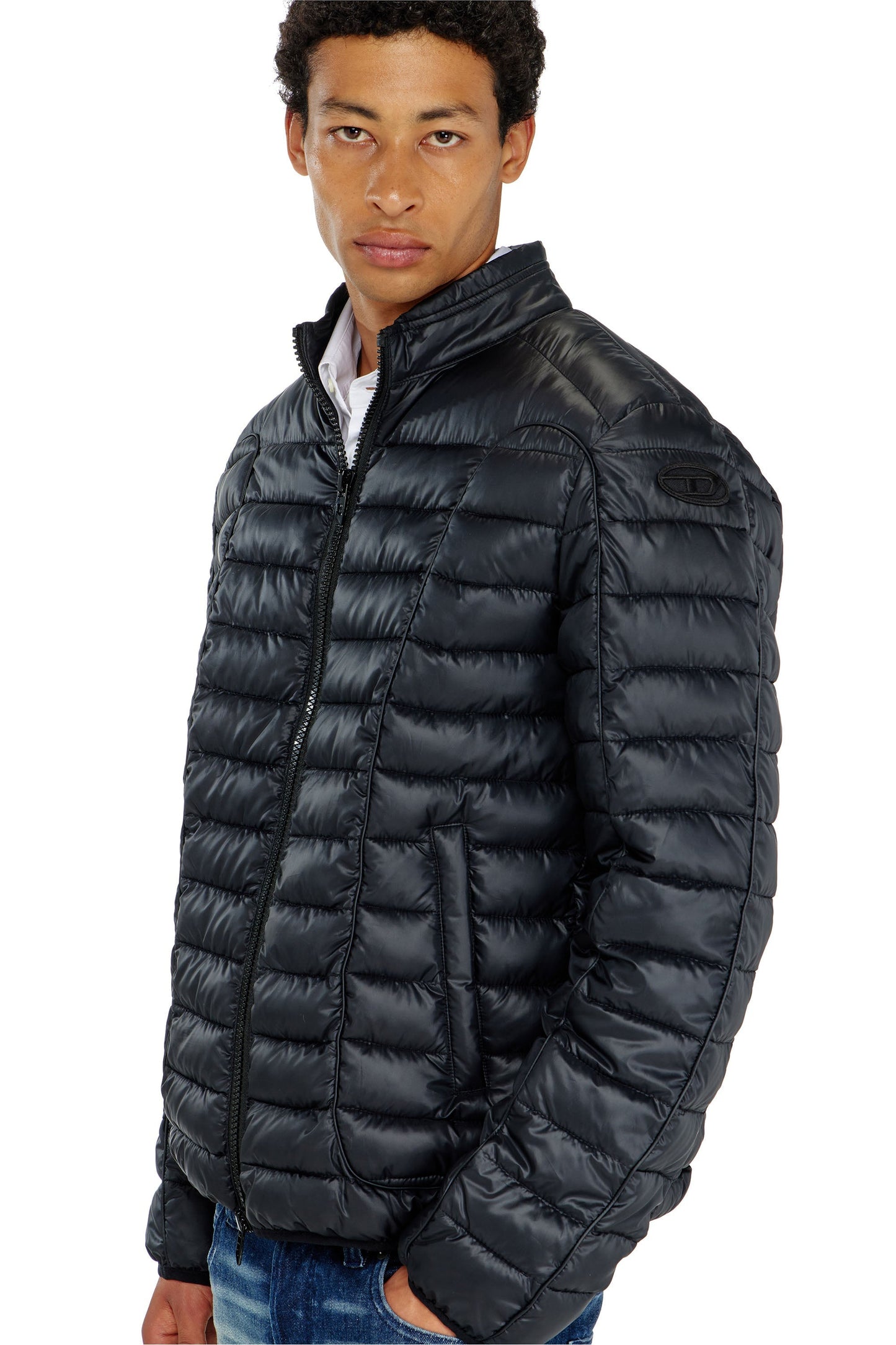 Biker-style puffer jacket with tonal piping
