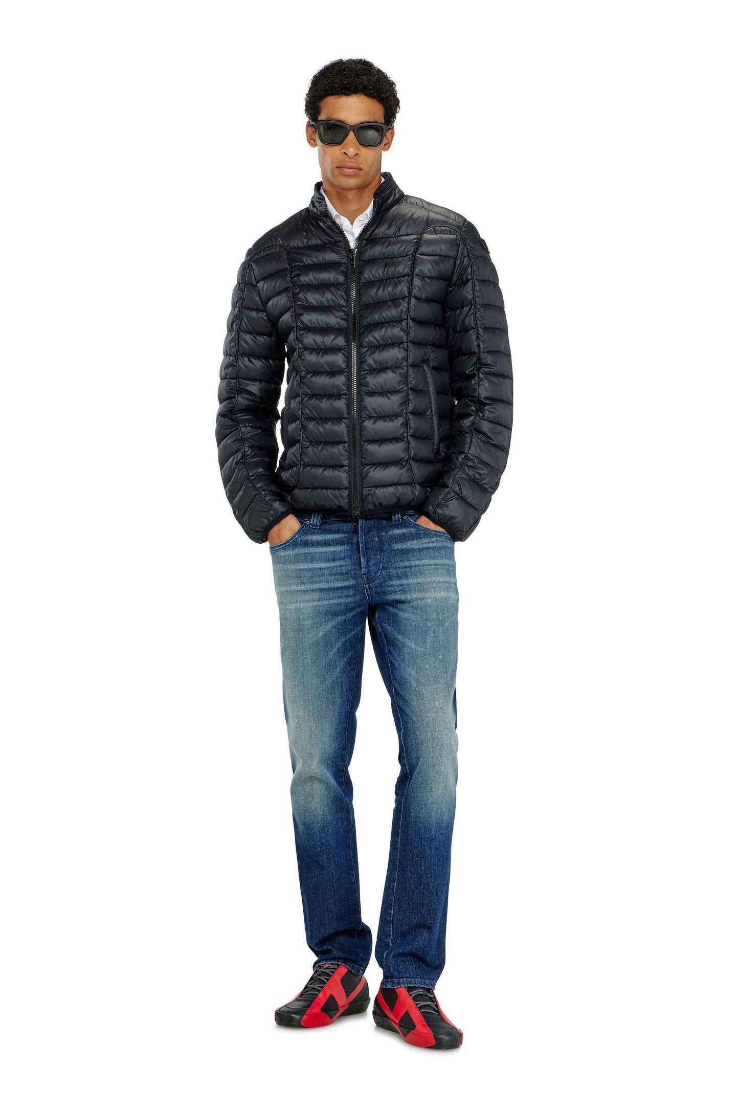 Biker-style puffer jacket with tonal piping