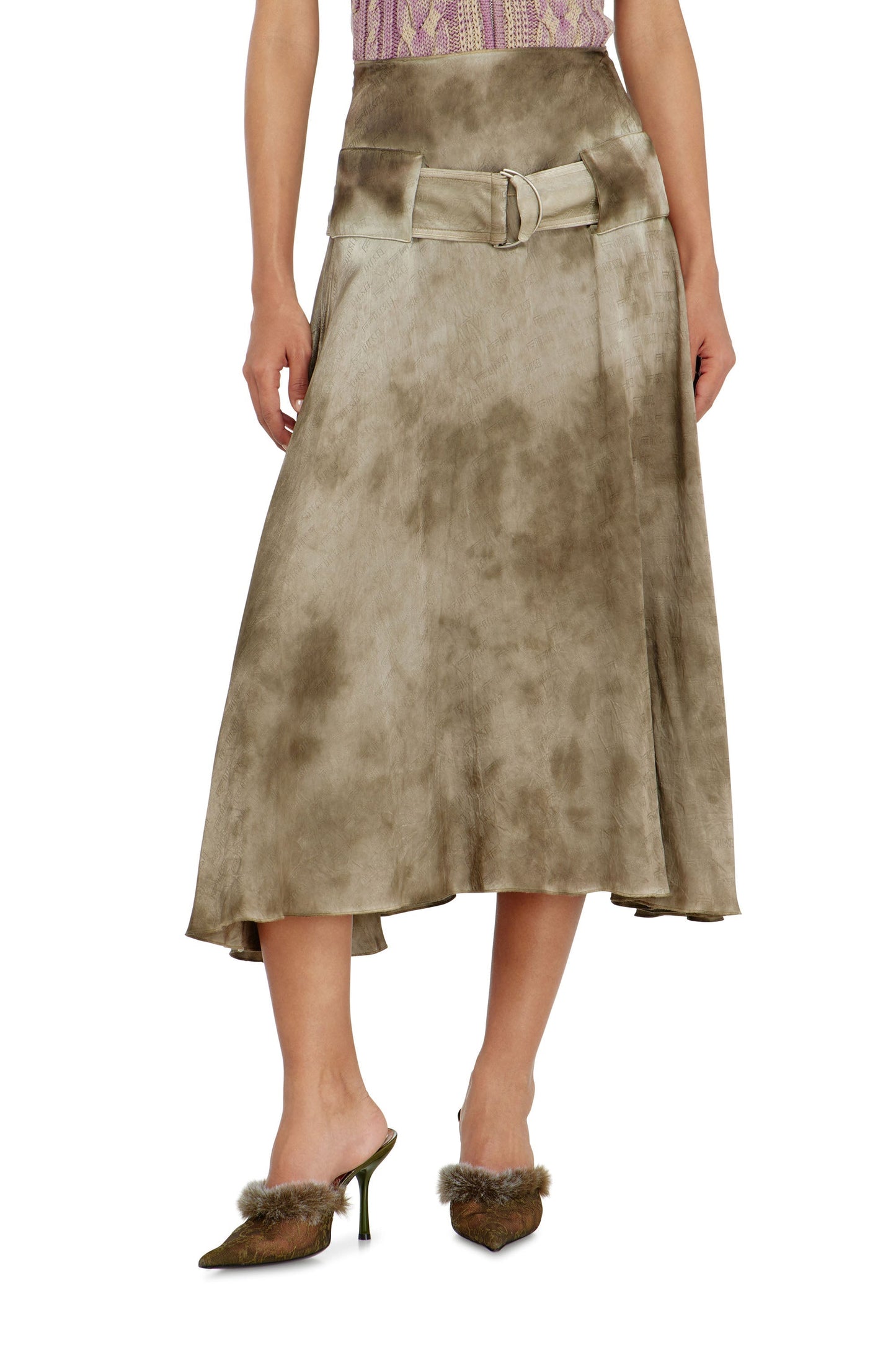 Belted midi skirt in logo-jacquard satin