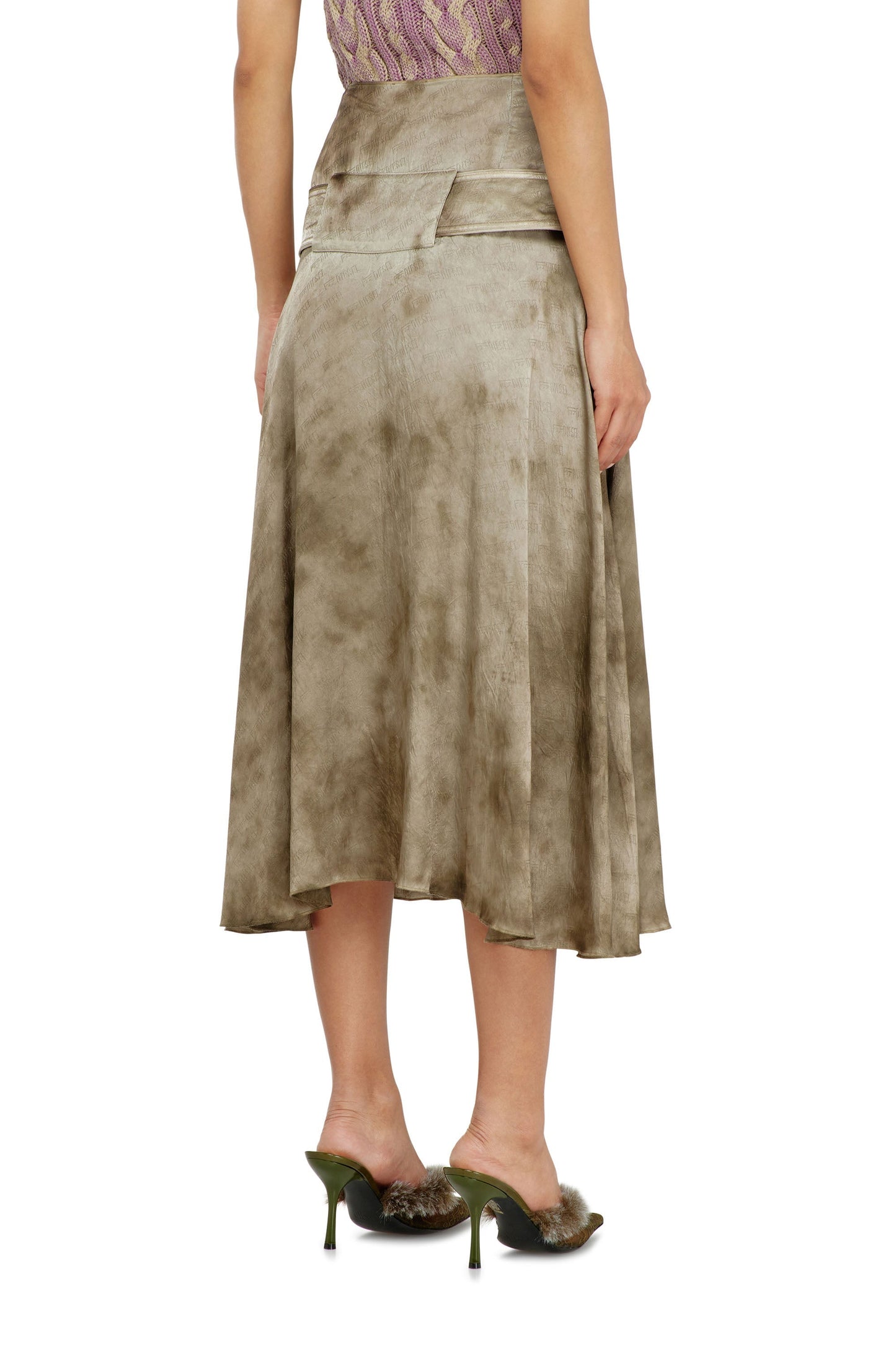 Belted midi skirt in logo-jacquard satin