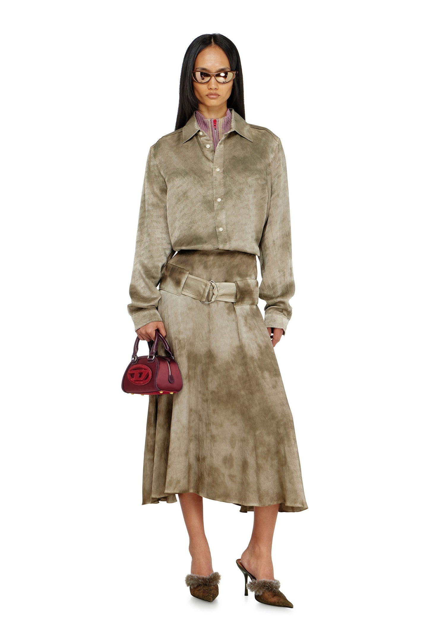 Belted midi skirt in logo-jacquard satin