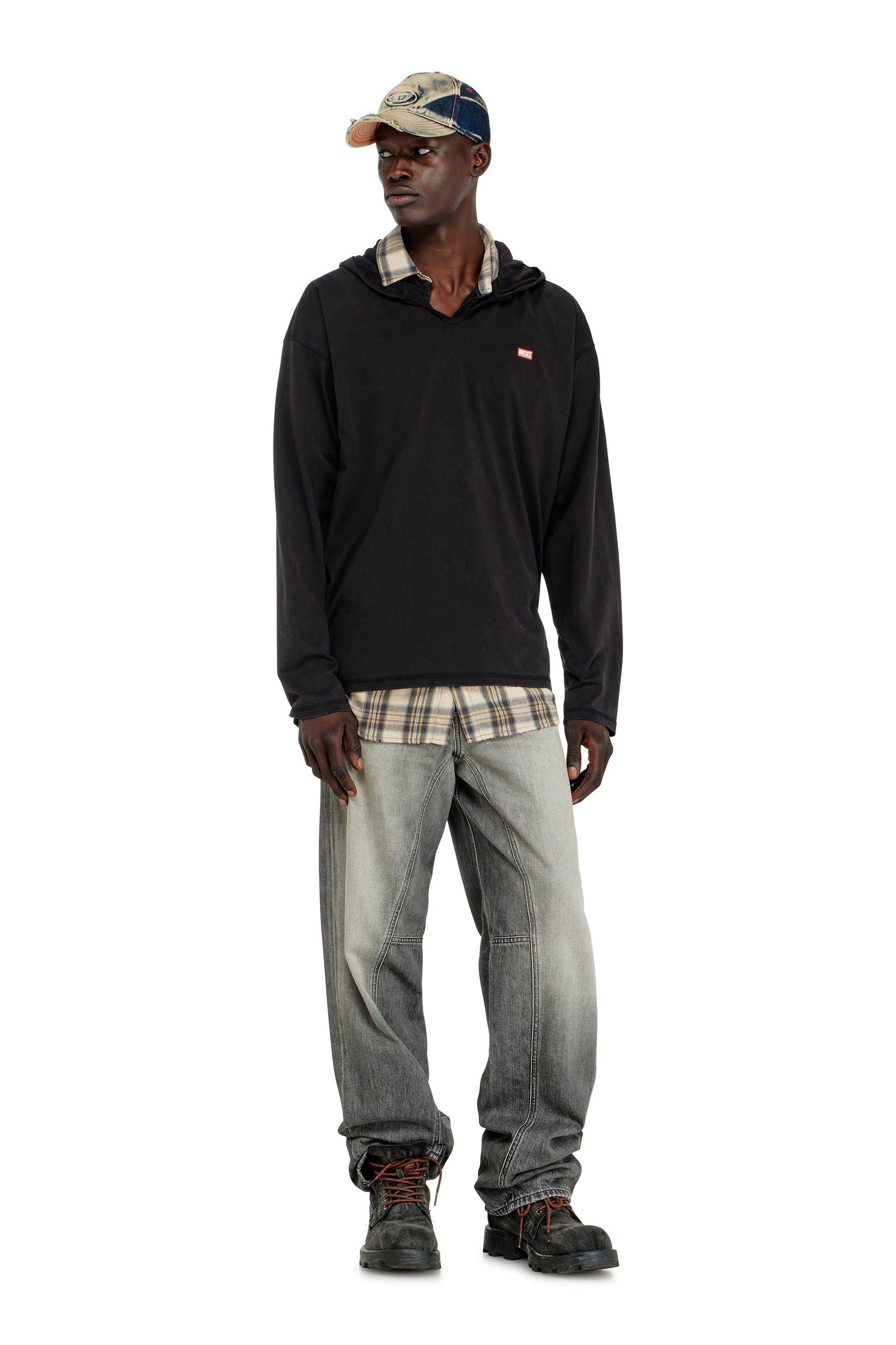 Long-sleeve T-shirt with flannel hood