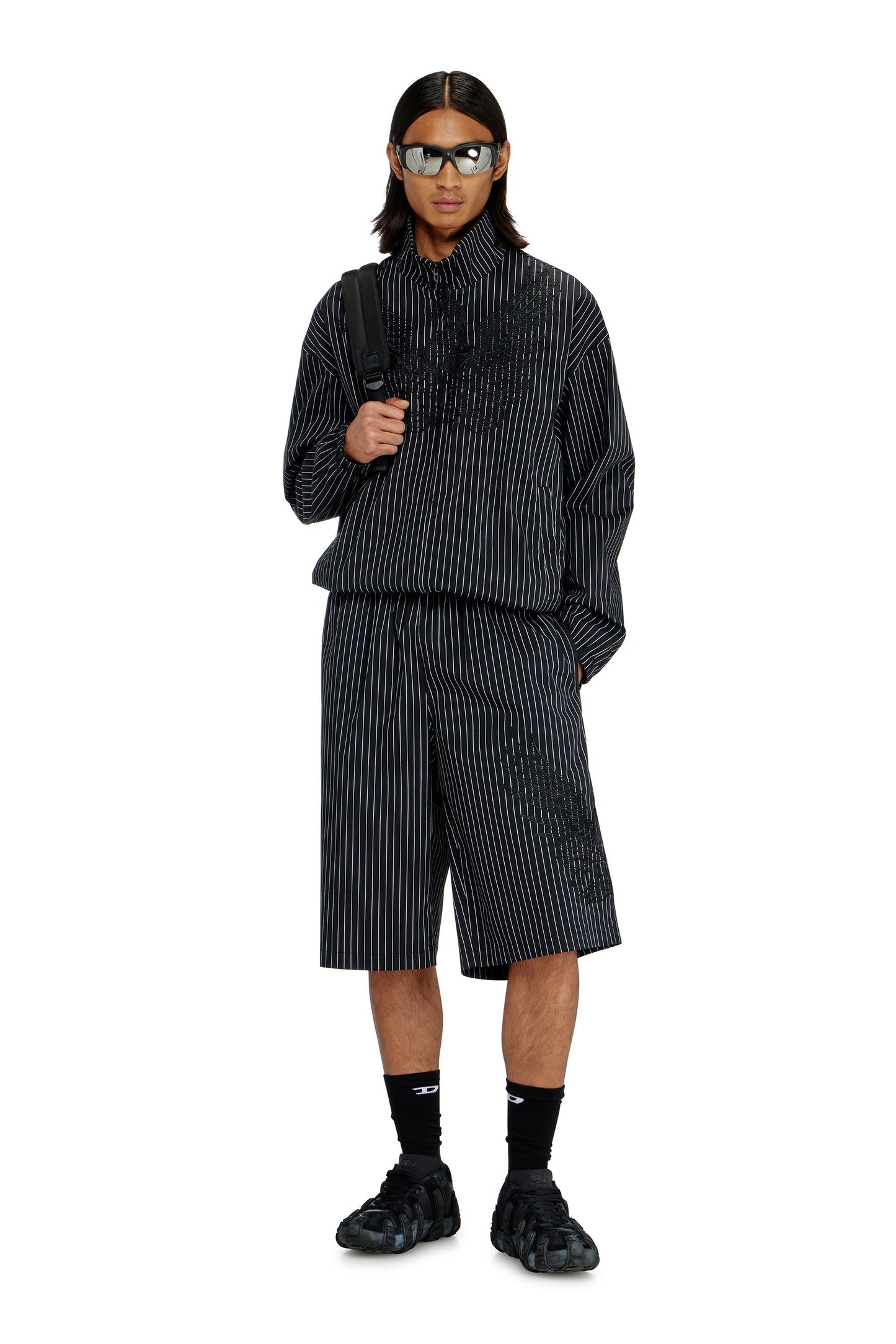 Pinstripe shorts with Phoenix embroidery