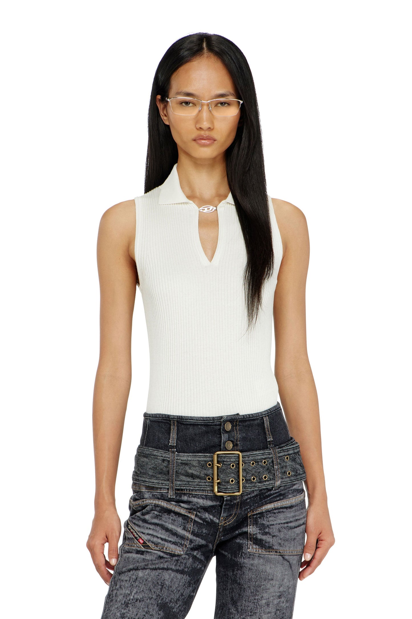 Sleeveless rib-knit polo top in silk blend