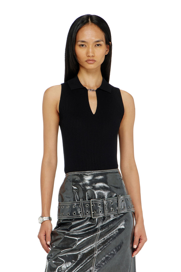 Sleeveless rib-knit polo top in silk blend