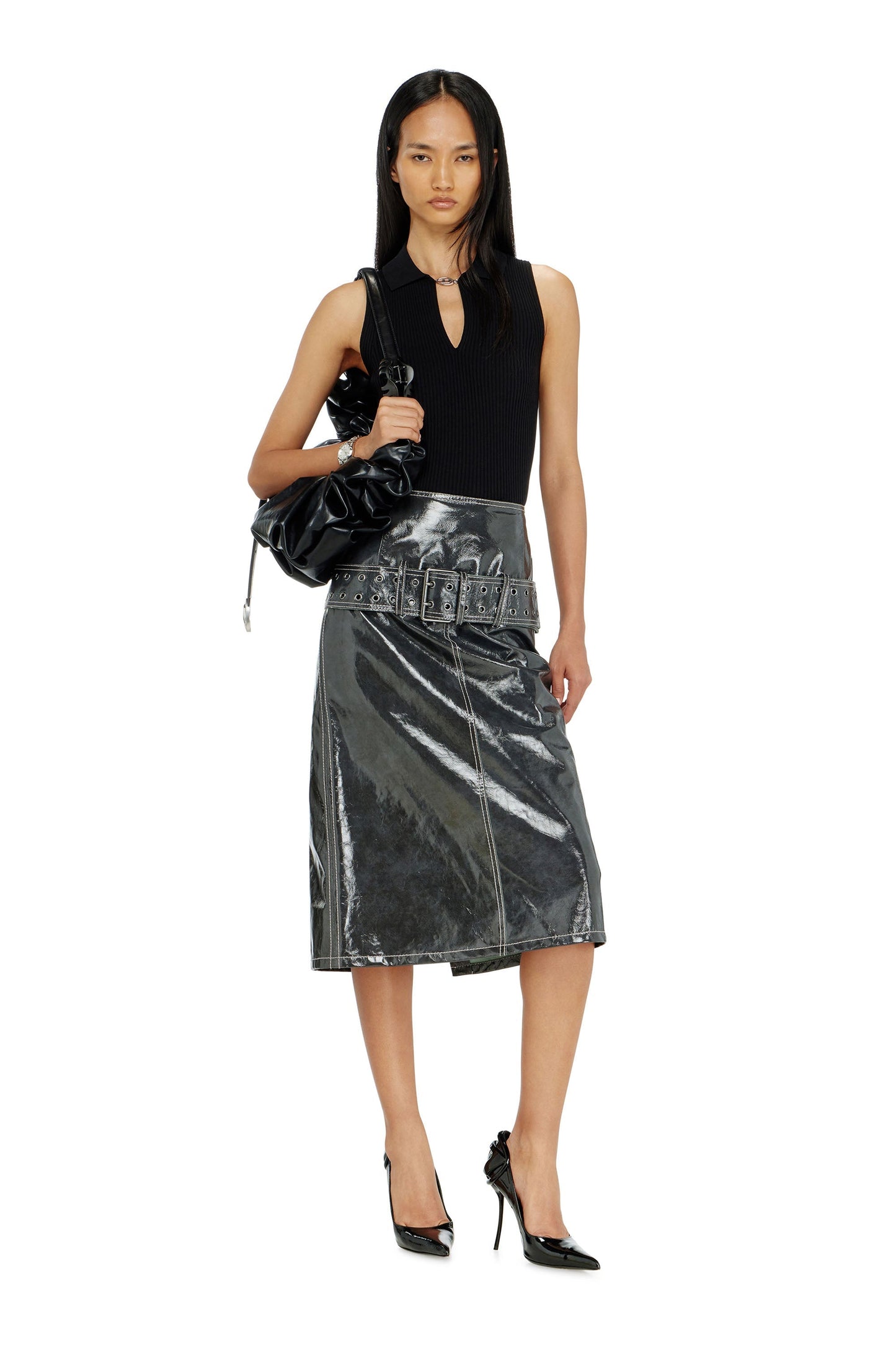 Sleeveless rib-knit polo top in silk blend