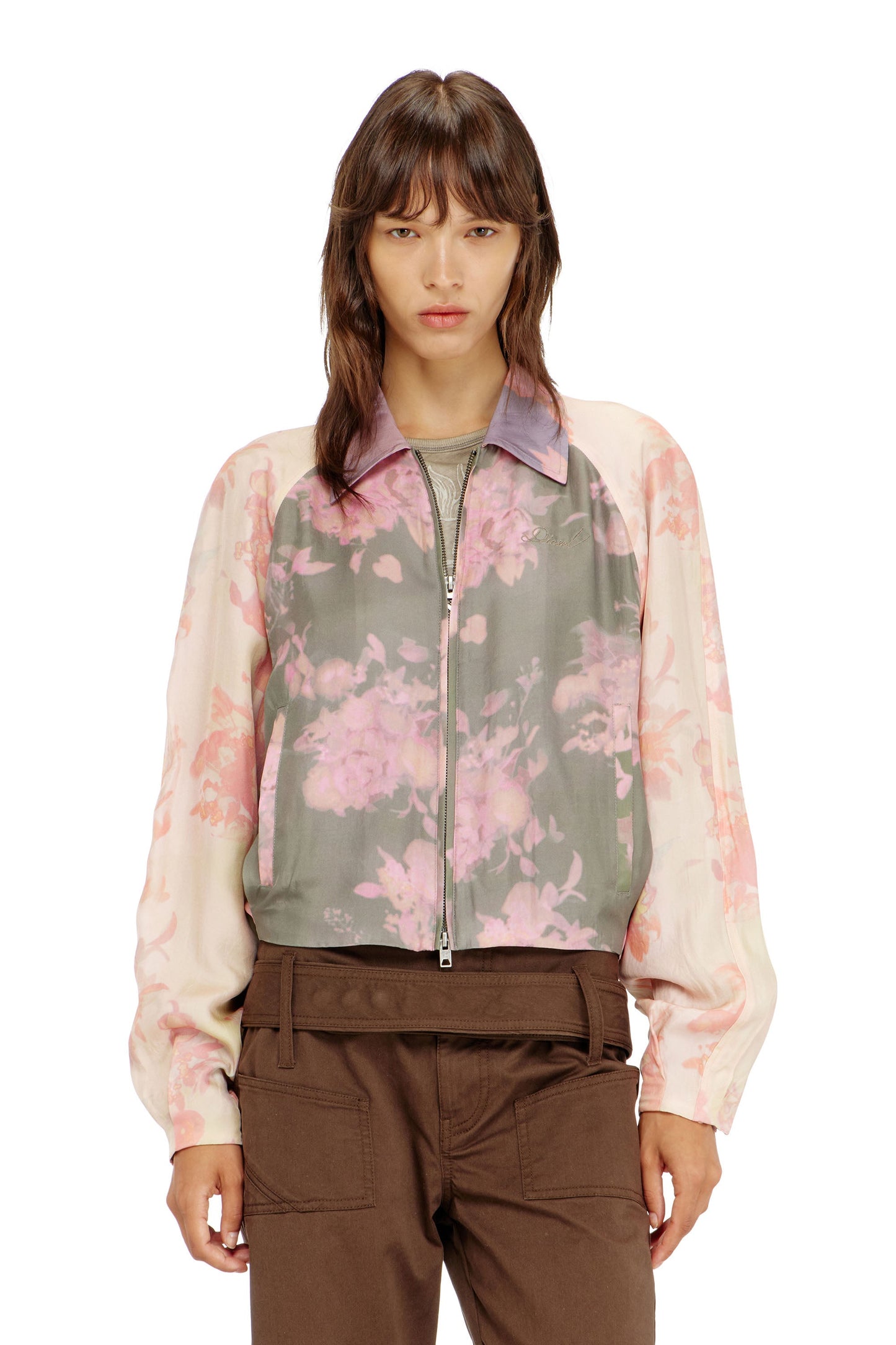 Floral bomber jacket in crinkled acetate