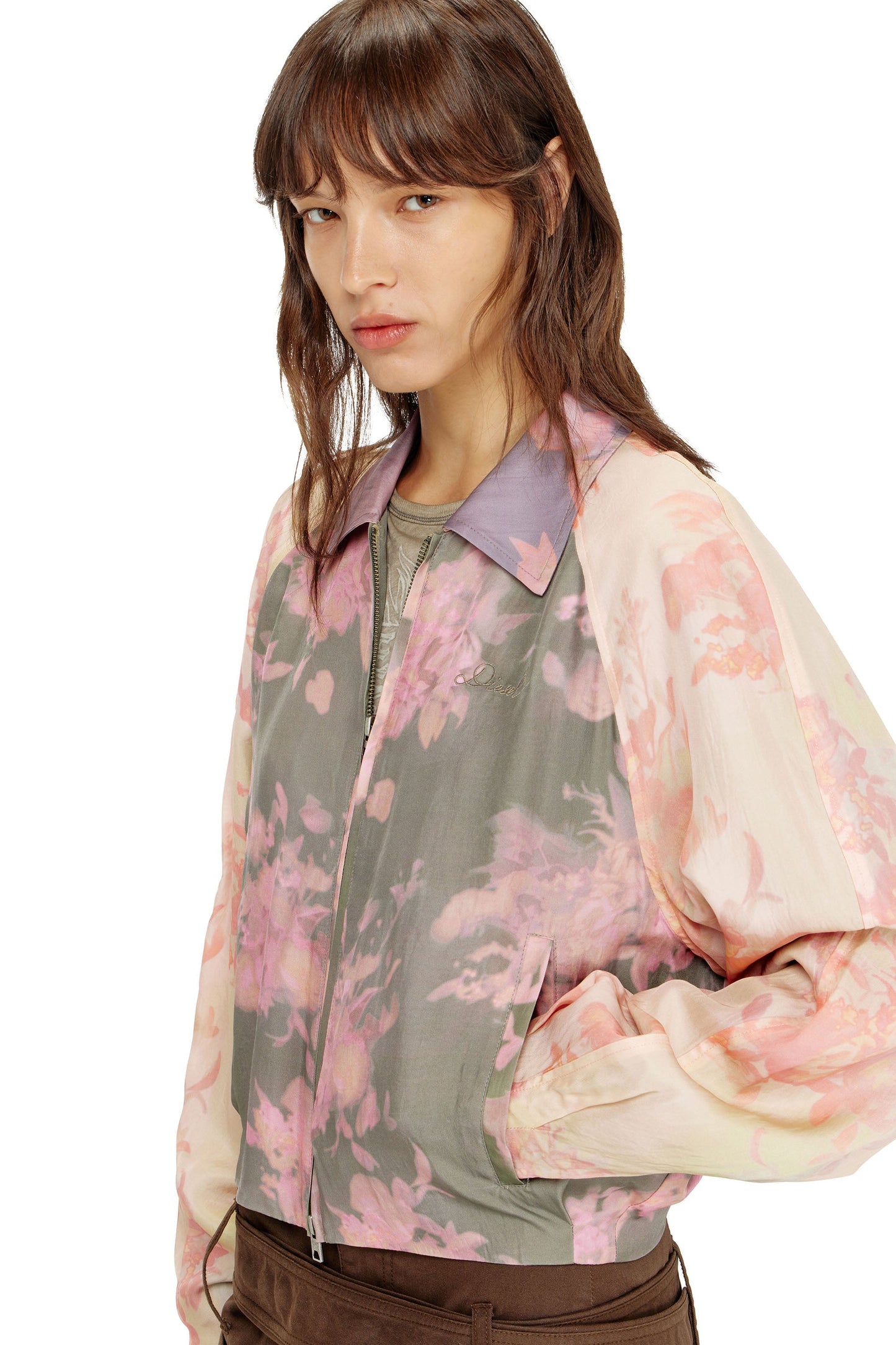 Floral bomber jacket in crinkled acetate