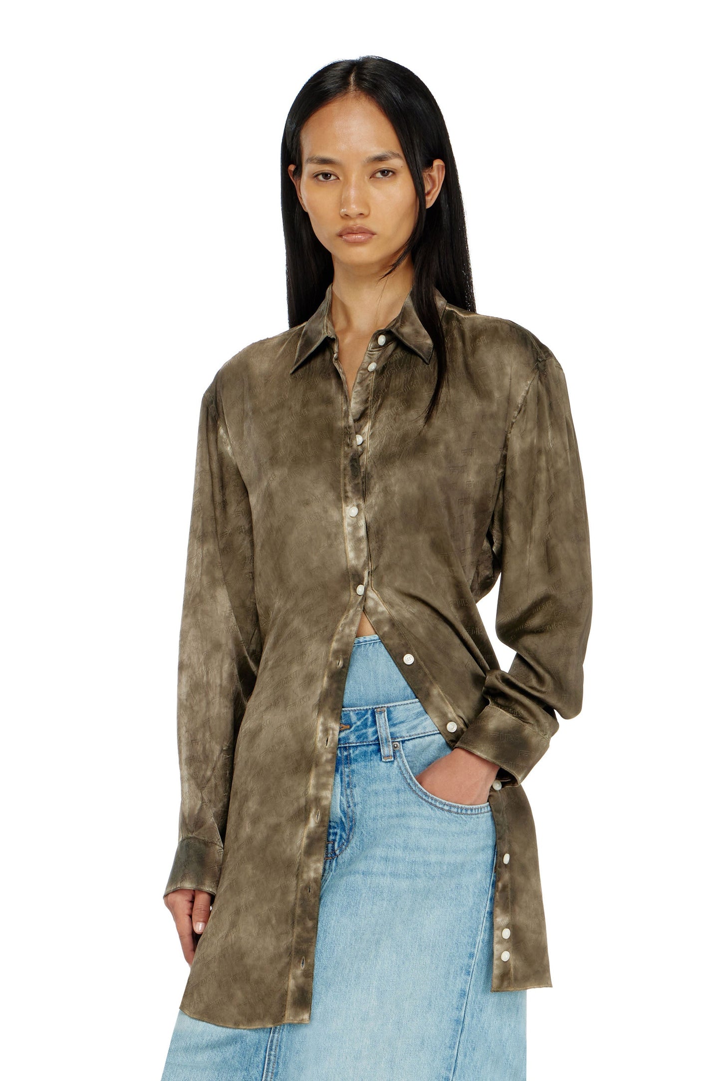 Long shirt in logo-jacquard crinkled satin