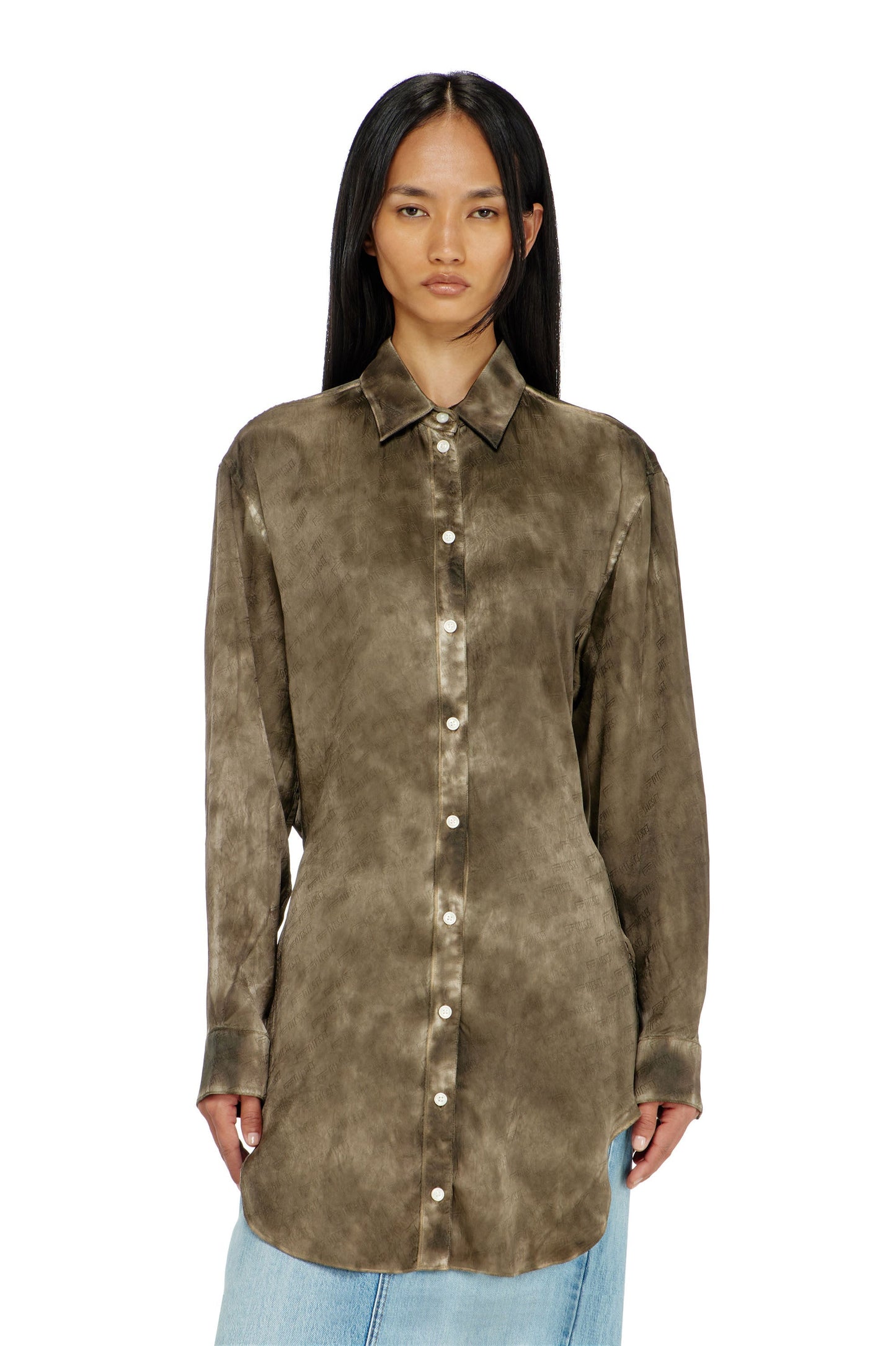 Long shirt in logo-jacquard crinkled satin