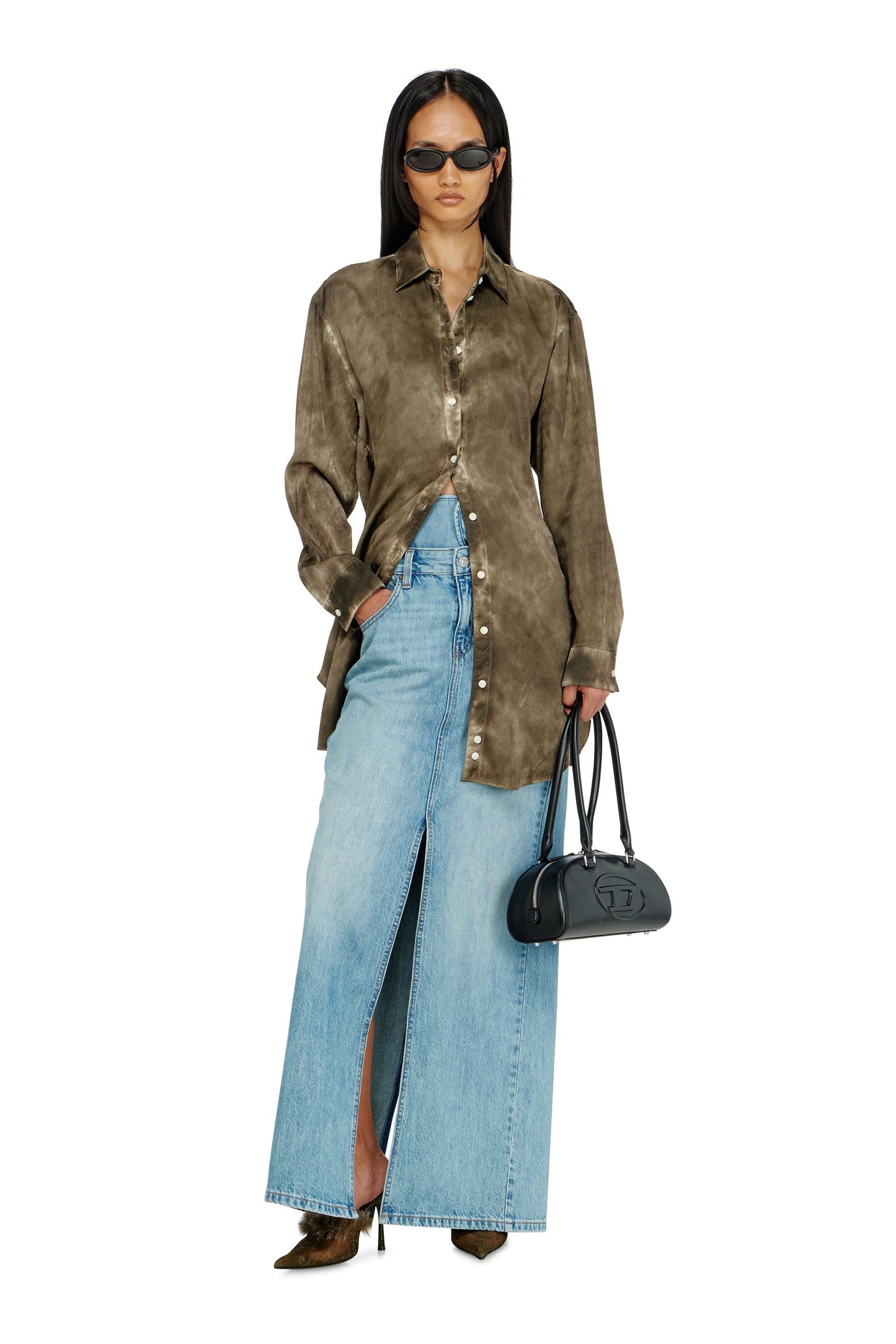 Long shirt in logo-jacquard crinkled satin