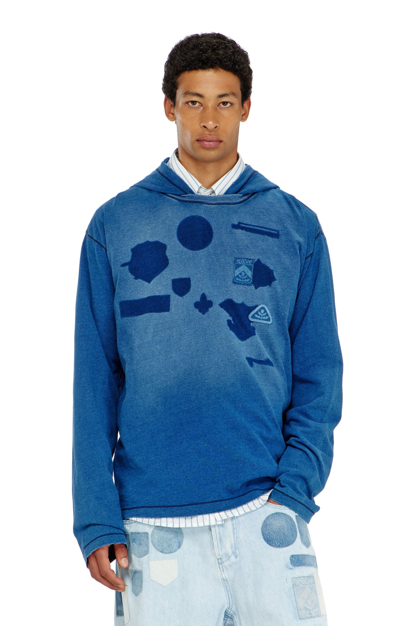 Hooded long-sleeve T-shirt with shadow-effect patches