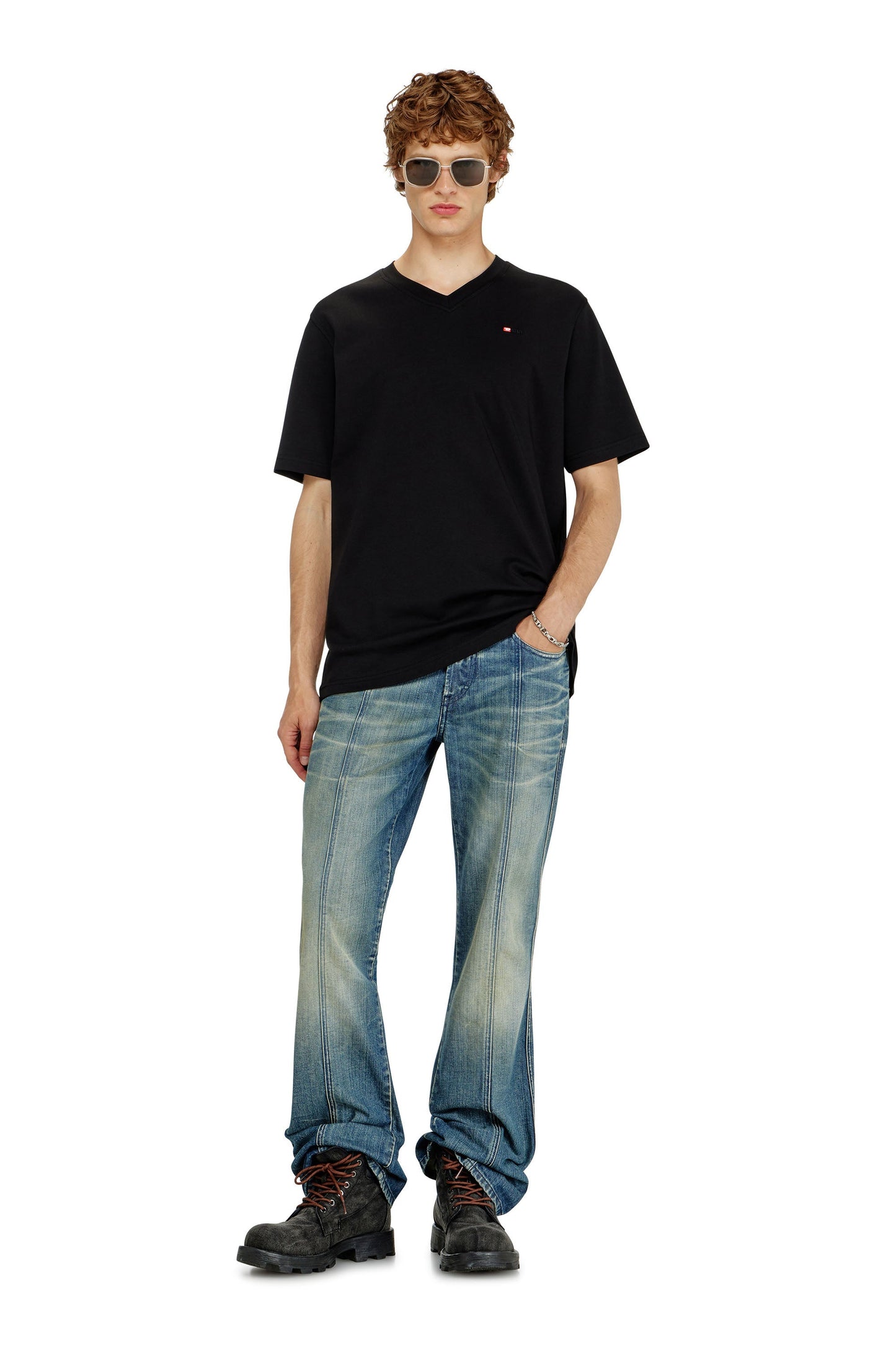 V-neck T-shirt with micro logo embroidery